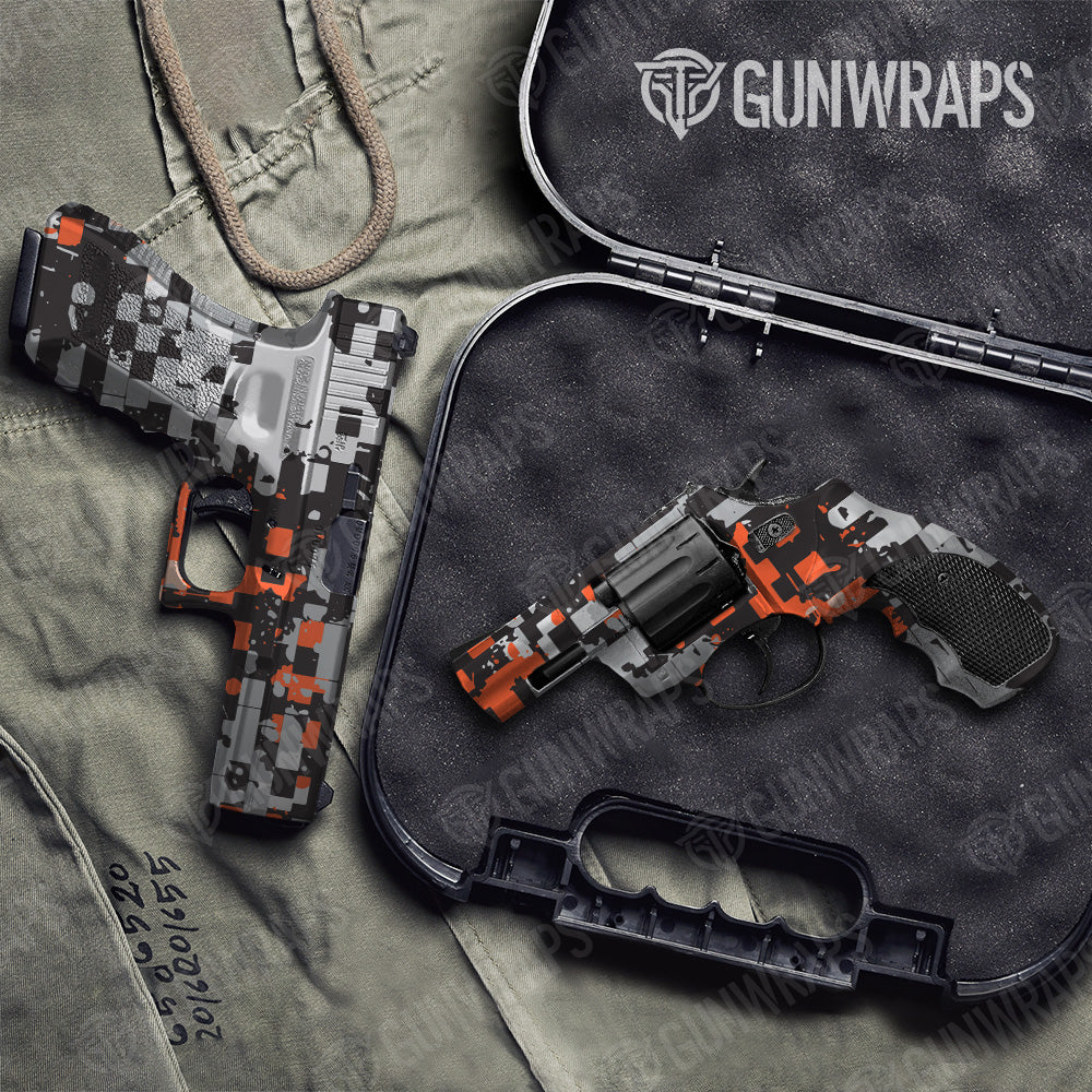 Broken Plaid Orange Camo Pistol & Revolver Gun Skin Vinyl Wrap