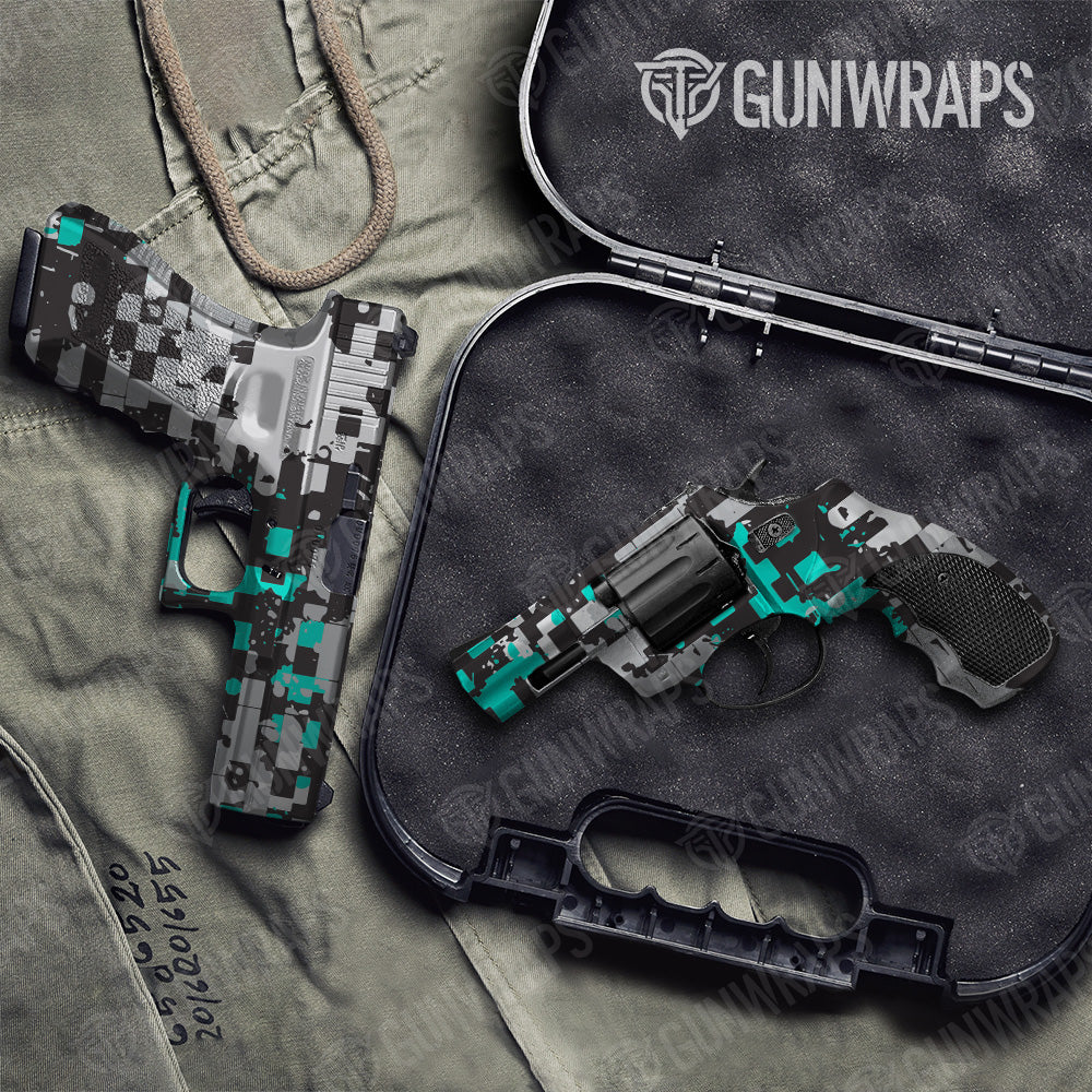 Broken Plaid Tiffany Blue Camo Pistol & Revolver Gun Skin Vinyl Wrap