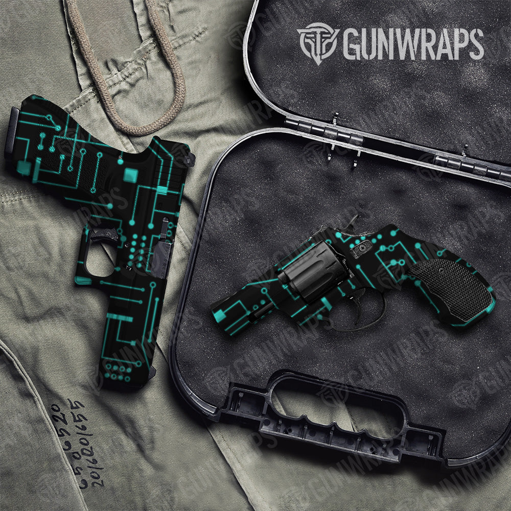 Circuit Board Tiffany Blue Pistol & Revolver Gun Skin Vinyl Wrap