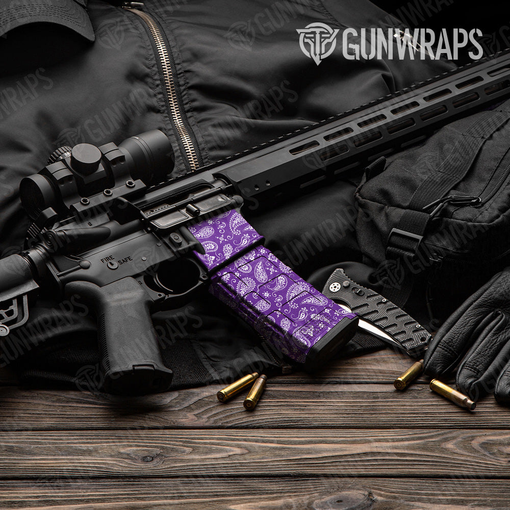 Bandana Purple White AR 15 Mag & Mag Well Gun Skin Vinyl Wrap